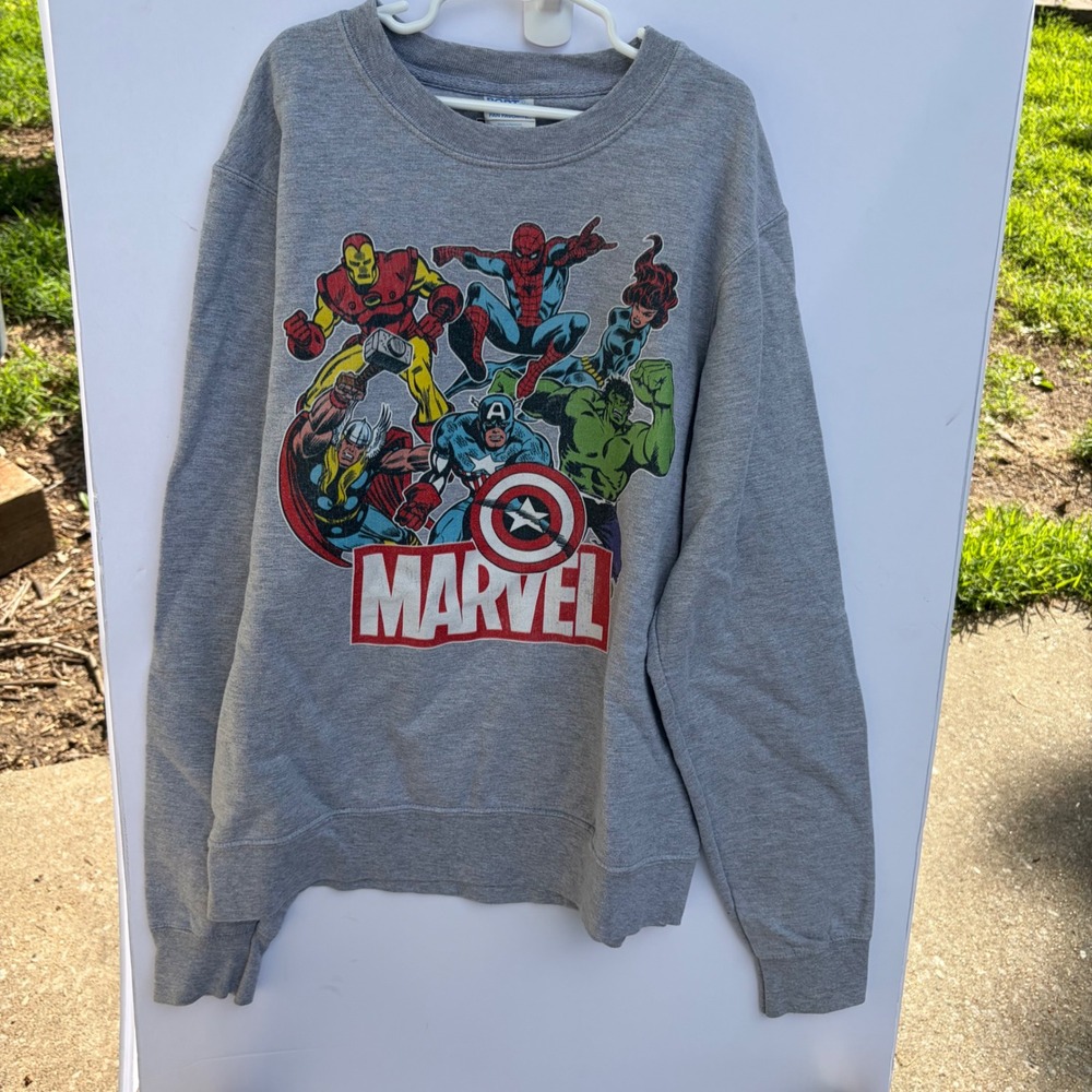 Marvel Comics Avengers Graphic Sweatshirt Gray Crewneck Spider-Man Hulk Small